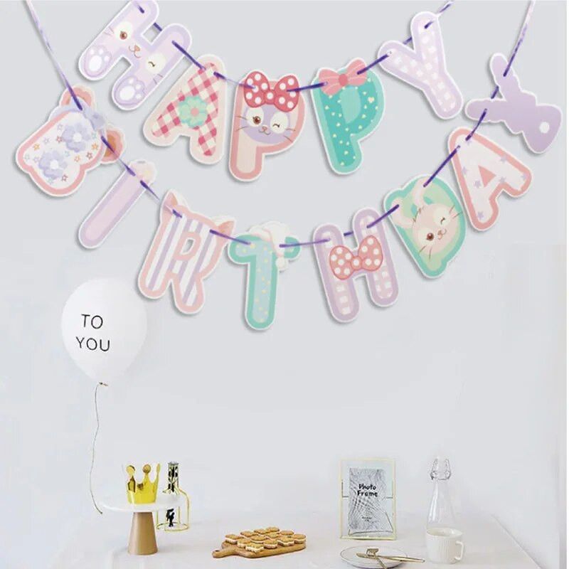 Χαριτωμένο μωβ ροζ παστέλ γάτα κουνελιού Χρόνια πολλά χάρτινο πανό Bunny Bunting Girls Birthday Party Pennant Baby Shower Decoration