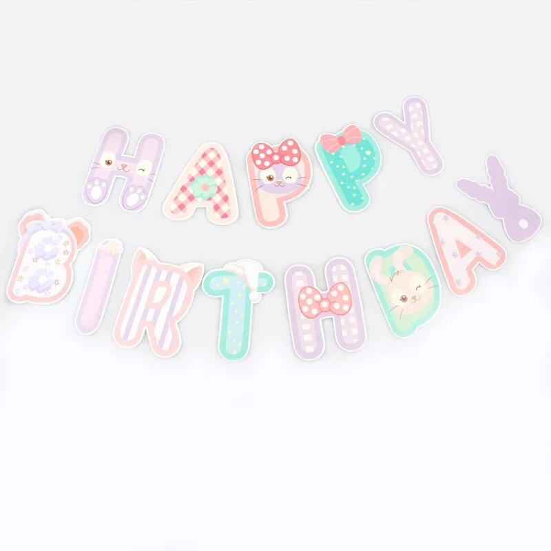 Χαριτωμένο μωβ ροζ παστέλ γάτα κουνελιού Χρόνια πολλά χάρτινο πανό Bunny Bunting Girls Birthday Party Pennant Baby Shower Decoration