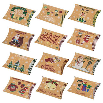 12 бр Коледна кутия за бонбони с форма на възглавница Весела Коледа Кутия за подарък от крафт хартия Опаковка Детски сувенири Честита Нова Година Navidad 2023