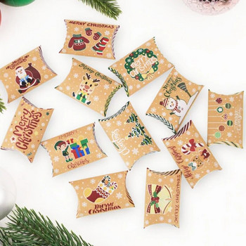 12 бр Коледна кутия за бонбони с форма на възглавница Весела Коледа Кутия за подарък от крафт хартия Опаковка Детски сувенири Честита Нова Година Navidad 2023