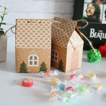 Коледна къща в стил Коледна подаръчна кутия Крафт хартиена торбичка за подарък бонбони Хартиена торба Крафт бонбони Кутия за бисквитки Коледни парти консумативи