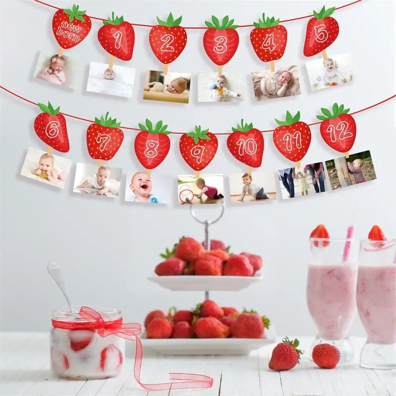 Φράουλα με θέμα Διακόσμηση πάρτι με Φράουλα Βρεφική παράσταση ενός έτους Hang Bunting Fruit Display Banner Baby Shower Party DIY