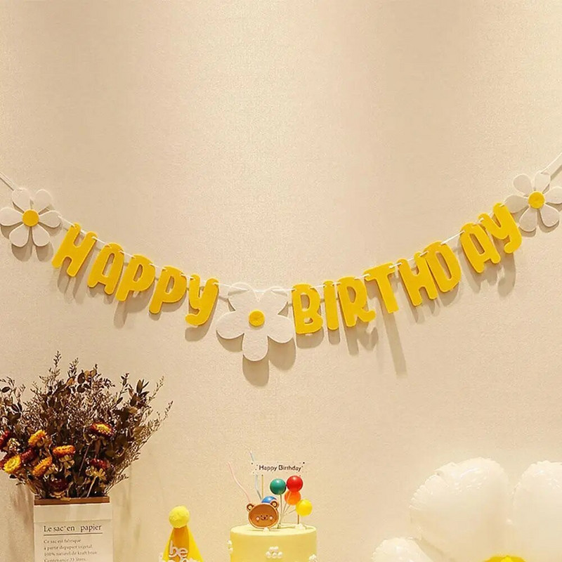 Νέο Baby Shower Daisy Happy Birthday Banner Λευκό λουλούδι γιρλάντα Κίτρινη σημαία Χρόνια πολλά Ζώδιο Daisy Birthday Διακόσμηση