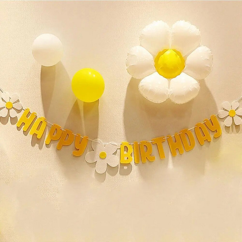 Νέο Baby Shower Daisy Happy Birthday Banner Λευκό λουλούδι γιρλάντα Κίτρινη σημαία Χρόνια πολλά Ζώδιο Daisy Birthday Διακόσμηση