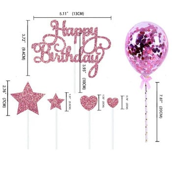 Happy Birthday Cake Toppers DIY Confetti Balloon Cake Decor Star Heart Cupcake Flag for Birthday Party Dessert Decor Supplies