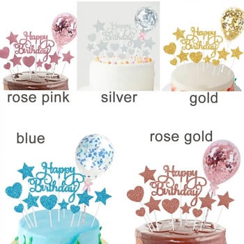 Happy Birthday Cake Toppers DIY Confetti Balloon Cake Decor Star Heart Cupcake Flag for Birthday Party Dessert Decor Supplies