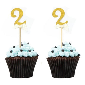 10 τμχ Gold Glitter Number Cupcake Toppers Δώρα Επιλογές 2ο Baby Shower Παιδικές μπομπονιέρες 2 ετών Παιδιά Δύο Προμήθειες για πάρτι γενεθλίων