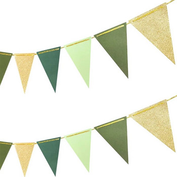 Πράσινο χρυσό ελιάς Διακοσμήσεις κήπου γάμου Τρίγωνο σημαία χαρτί πανό Πανό με κουκούτσια γιρλάντα Streamer for Baby Shower Birthday