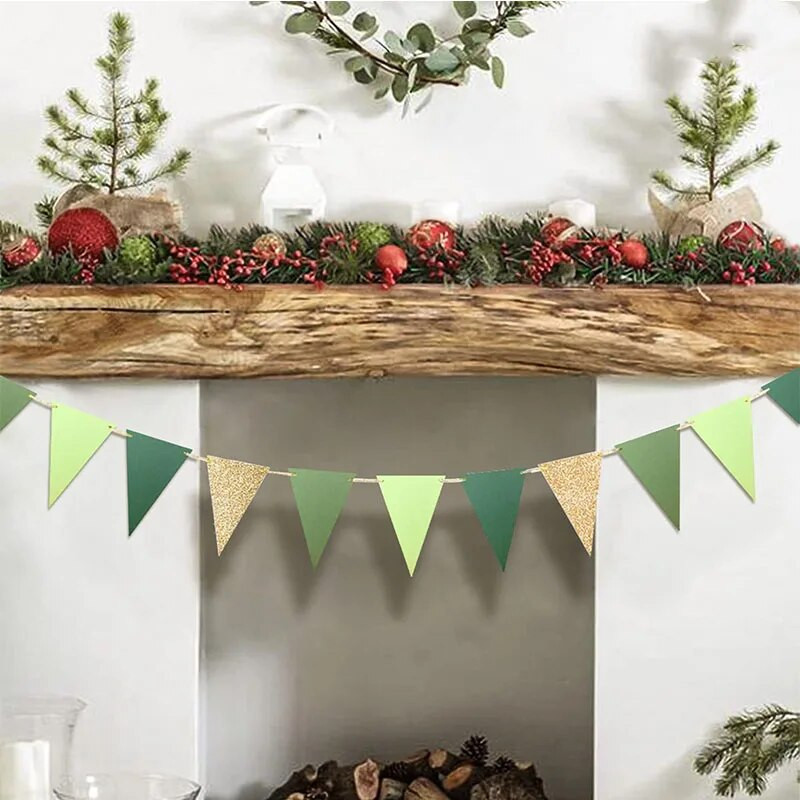 Πράσινο χρυσό ελιάς Διακοσμήσεις κήπου γάμου Τρίγωνο σημαία χαρτί πανό Πανό με κουκούτσια γιρλάντα Streamer for Baby Shower Birthday