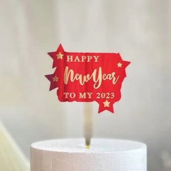 2023 Happy New Year Acrylic Cake Toppers Red New Year Stars Cupcake Topper for Baby New Year Party Cake Decorations Baby Shower