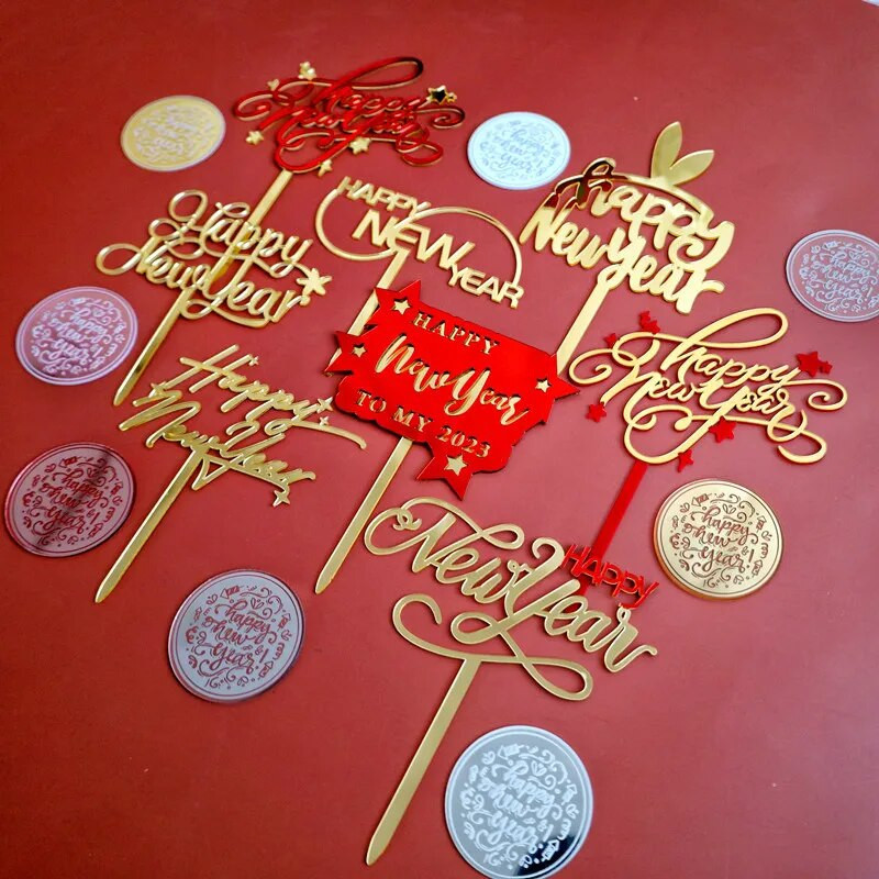 Laimingų Naujųjų metų, 2023 m., akriliniai pyragaičiai, raudoni Naujųjų metų žvaigždžių pyragaičiai, skirti kūdikiui Naujųjų metų vakarėliui tortų dekoravimui kūdikių vakarėlis