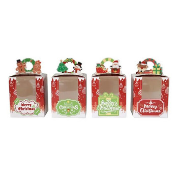 12 БР. Коледни кутии за бисквитки за кексчета с вложка за прозорец, дръжка, държач за сладкиши за мъфини, Кутии за коледни кексчета, подарък