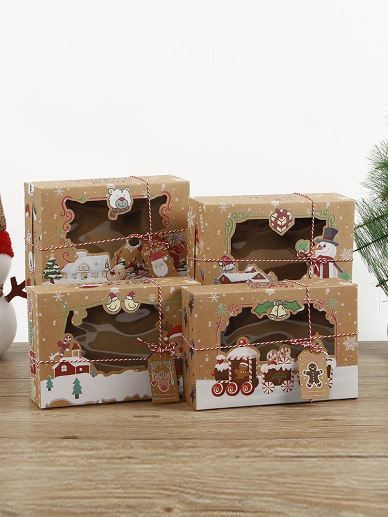 Ένα σετ χριστουγεννιάτικα κουτιά δώρου Ετικέτες ίδιου θέματος Σχοινί συσκευασίας κούφιο από χαρτόνι Xmas Home Party Handy Gift 4 ΤΕΜ