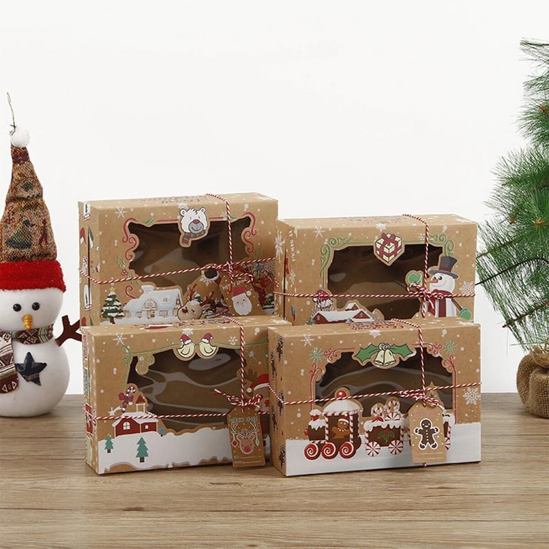 Ένα σετ χριστουγεννιάτικα κουτιά δώρου Ετικέτες ίδιου θέματος Σχοινί συσκευασίας κούφιο από χαρτόνι Xmas Home Party Handy Gift 4 ΤΕΜ