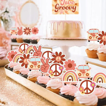 12 τμχ Bohemian Flower Rainbow Bus Cake Topper Muffin Cupcake Toppers for Two Groovy Birthday Party Decor Bohemian Party