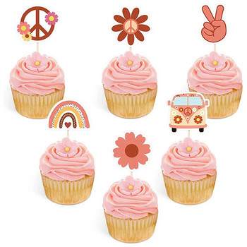 12 τμχ Bohemian Flower Rainbow Bus Cake Topper Muffin Cupcake Toppers for Two Groovy Birthday Party Decor Bohemian Party