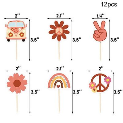 12 τμχ Bohemian Flower Rainbow Bus Cake Topper Muffin Cupcake Toppers for Two Groovy Birthday Party Decor Bohemian Party