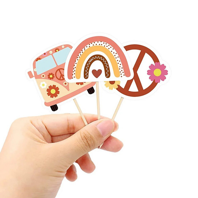 12 τμχ Bohemian Flower Rainbow Bus Cake Topper Muffin Cupcake Toppers for Two Groovy Birthday Party Decor Bohemian Party