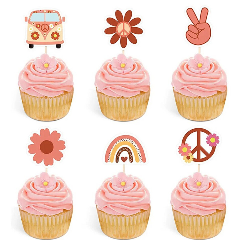 12 τμχ Bohemian Flower Rainbow Bus Cake Topper Muffin Cupcake Toppers for Two Groovy Birthday Party Decor Bohemian Party