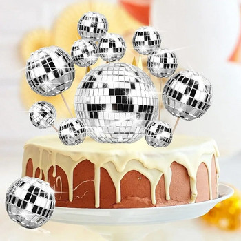 3/4/5 cm огледални диско топки Декорация на торта Честит рожден ден Торта за торта Cupcake Дървени пръчици Вложка за торта за танцово парти Консумативи
