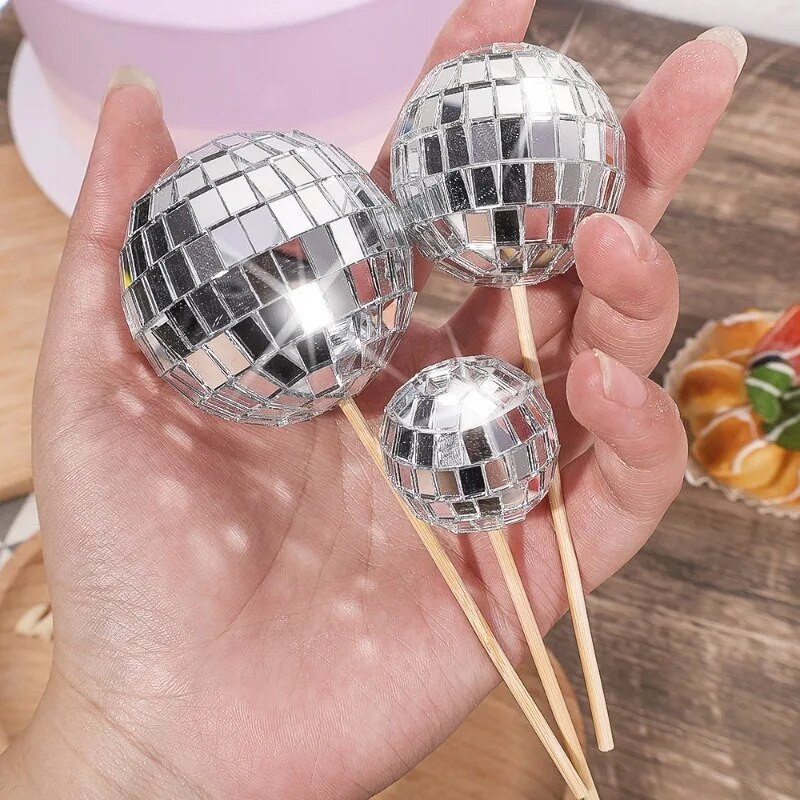 3/4/5 cm veidrodinis disko kamuoliukų torto dekoravimas su gimtadieniu torto viršelis Cupcake mediniai pagaliukai torto įdėklas šokių vakarėlio reikmenims