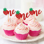 12 ΤΕΜ. Strawberry One Cupcake Toppers Glitter Sweet One for Fruit Baby Shower Kids 1st Birthday Party Διακοσμήσεις τούρτας