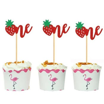 12 ΤΕΜ. Strawberry One Cupcake Toppers Glitter Sweet One for Fruit Baby Shower Kids 1st Birthday Party Διακοσμήσεις τούρτας