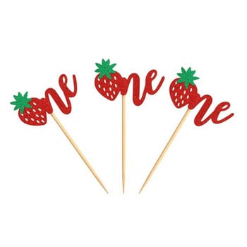 12 ΤΕΜ. Strawberry One Cupcake Toppers Glitter Sweet One for Fruit Baby Shower Kids 1st Birthday Party Διακοσμήσεις τούρτας