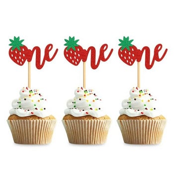 12 ΤΕΜ. Strawberry One Cupcake Toppers Glitter Sweet One for Fruit Baby Shower Kids 1st Birthday Party Διακοσμήσεις τούρτας