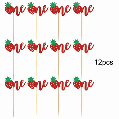 12 ΤΕΜ. Strawberry One Cupcake Toppers Glitter Sweet One for Fruit Baby Shower Kids 1st Birthday Party Διακοσμήσεις τούρτας