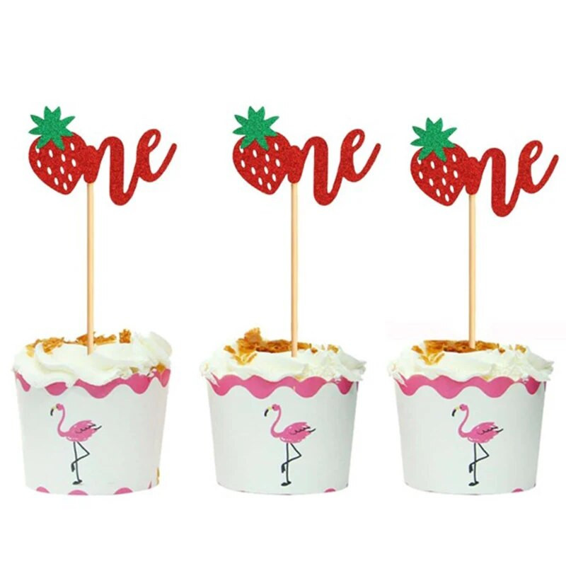 12 ΤΕΜ. Strawberry One Cupcake Toppers Glitter Sweet One for Fruit Baby Shower Kids 1st Birthday Party Διακοσμήσεις τούρτας
