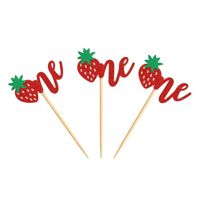 12 ΤΕΜ. Strawberry One Cupcake Toppers Glitter Sweet One for Fruit Baby Shower Kids 1st Birthday Party Διακοσμήσεις τούρτας