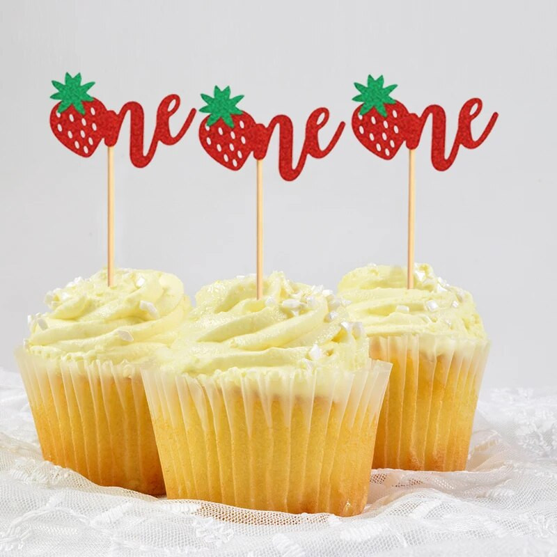 12 ΤΕΜ. Strawberry One Cupcake Toppers Glitter Sweet One for Fruit Baby Shower Kids 1st Birthday Party Διακοσμήσεις τούρτας