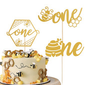 „Bumble Bee One“ torto dangtelis – berniukų mergaičių bičių medaus temos pirmojo gimtadienio vakarėlio dekoravimas, aukso blizgučiai 1-ojo bičių torto dekoras