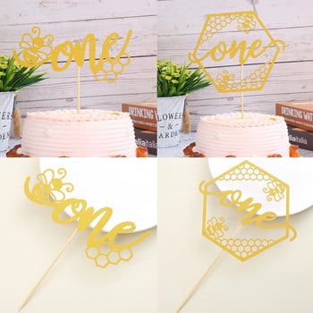 Bumble Bee One Cake Topper - Boy Girls Bee Honey Theme First Birthday Party Decoration, Gold Glitter 1st Bee Cake Decor