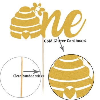 Bumble Bee One Cake Topper - Boy Girls Bee Honey Theme First Birthday Party Decoration, Gold Glitter 1st Bee Cake Decor