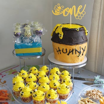 Bumble Bee One Cake Topper - Boy Girls Bee Honey Theme First Birthday Party Decoration, Gold Glitter 1st Bee Cake Decor