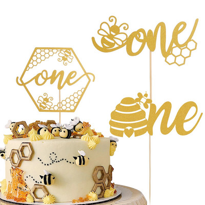 Bumble Bee One Cake Topper - Decoratiune pentru prima petrecere de aniversare cu tema miere de albine pentru baieti, fete, decoratiuni pentru tort cu sclipici auriu