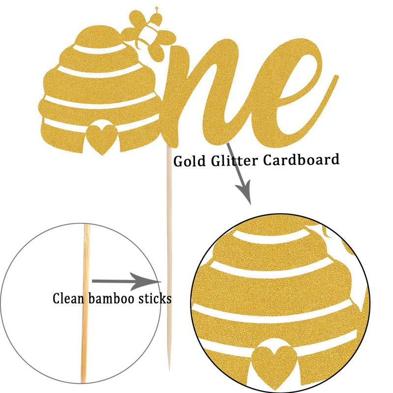 „Bumble Bee One“ torto dangtelis – berniukų mergaičių bičių medaus temos pirmojo gimtadienio vakarėlio dekoravimas, aukso blizgučiai 1-ojo bičių torto dekoras