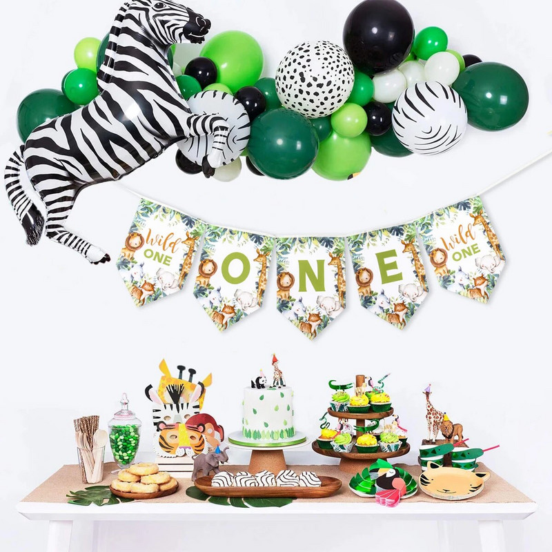 Κρεμαστό πανό για πάρτι ζώων ζούγκλας Παιδικό σαφάρι διακοσμήσεις για πάρτι γενεθλίων Wild One Jungle Paper Flag 1st Birthday Baby Shower