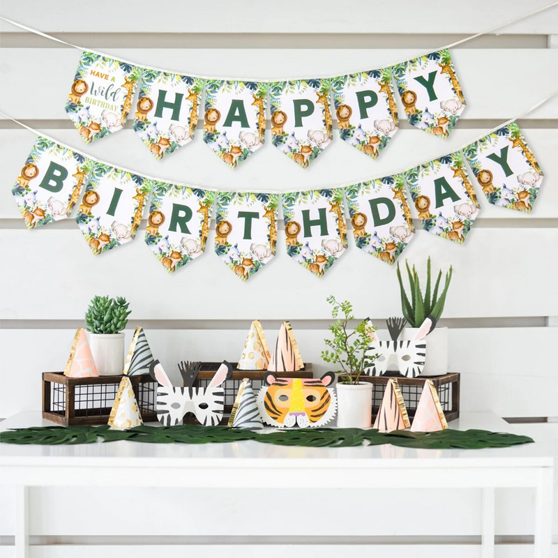 Κρεμαστό πανό για πάρτι ζώων ζούγκλας Παιδικό σαφάρι διακοσμήσεις για πάρτι γενεθλίων Wild One Jungle Paper Flag 1st Birthday Baby Shower