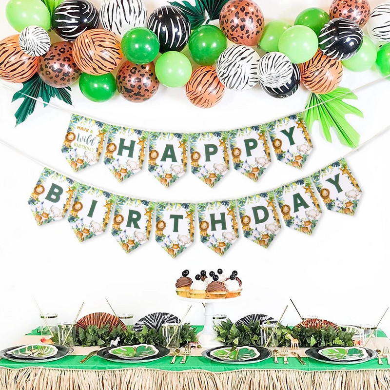Κρεμαστό πανό για πάρτι ζώων ζούγκλας Παιδικό σαφάρι διακοσμήσεις για πάρτι γενεθλίων Wild One Jungle Paper Flag 1st Birthday Baby Shower