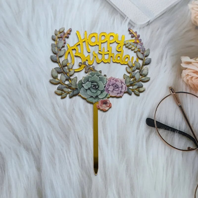 1 τμχ Χρόνια Πολλά Κέικ Topper Ακρυλικό Ins Χρυσό λουλούδι Cupcake Topper για διάφορα είδη διακόσμησης τούρτας γενεθλίων