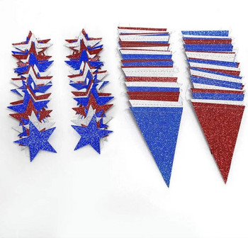 4th of July Glitter Red Blue Silver White Star Triangle Garland Banner For USA America Decoration Celebration Day Independence