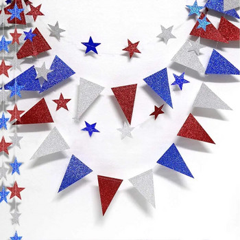 4th of July Glitter Red Blue Silver White Star Triangle Garland Banner For USA America Decoration Celebration Day Independence