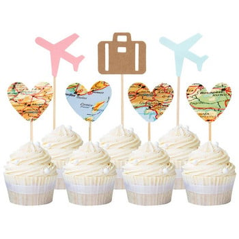 12 τμχ/Σετ Χάρτης Cupcake Toppers Travel Theme ροζ και μπλε Baby Shower Birthday Wedding Anniversary Party Cake Topper Decoration