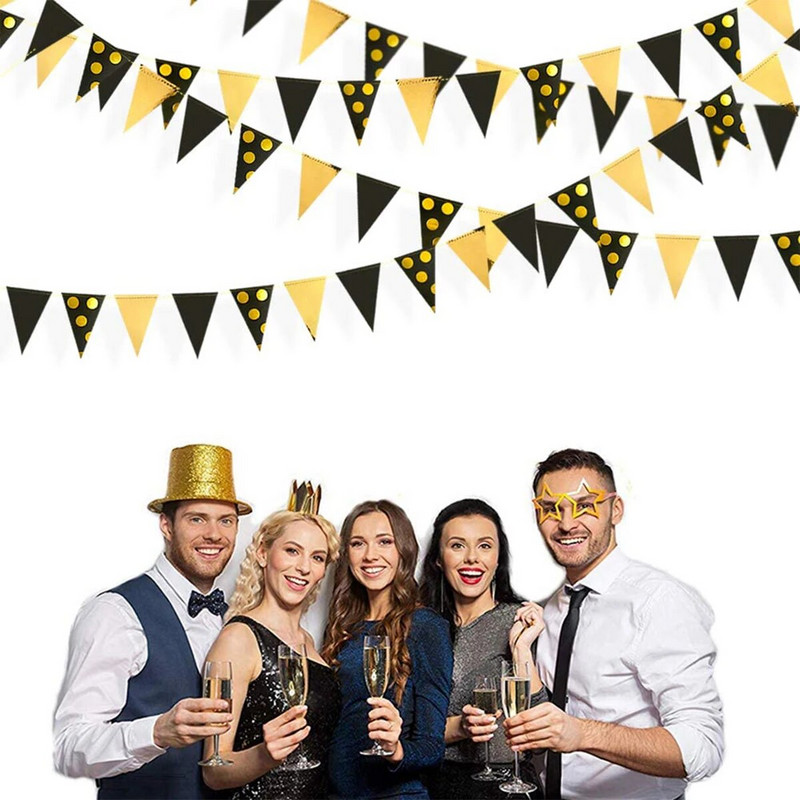 Μαύρο χρυσό αλουμινόχαρτο πουά πανό χαρτί Τρίγωνες σημαίες με κουφώματα γιρλάντα για διακοσμήσεις για πάρτι γενεθλίων για μωρά γάμου