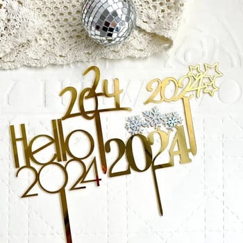 2024 Happy New Year Party Cake Toppers Χρυσό Ακρυλικό Καλά Χριστουγεννιάτικο κέικ Topper για οικογενειακή διακόσμηση επιδόρπιου Πρωτοχρονιάς