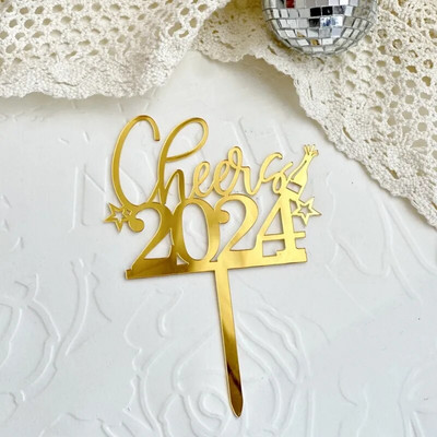 2024 Happy New Year Party Cake Toppers Χρυσό Ακρυλικό Καλά Χριστουγεννιάτικο κέικ Topper για οικογενειακή διακόσμηση επιδόρπιου Πρωτοχρονιάς