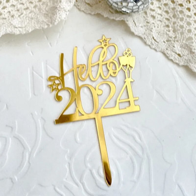 2024 Happy New Year Party Cake Toppers Χρυσό Ακρυλικό Καλά Χριστουγεννιάτικο κέικ Topper για οικογενειακή διακόσμηση επιδόρπιου Πρωτοχρονιάς